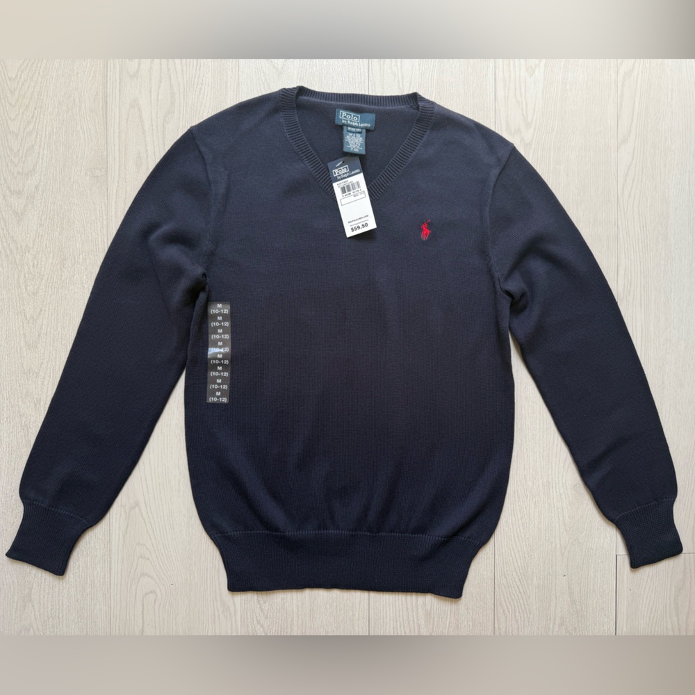 NEW! Navy Ralph Lauren V-Neck Knit Sweater with Red Pony! NEW+TAGS! Sz 10-12 (M)